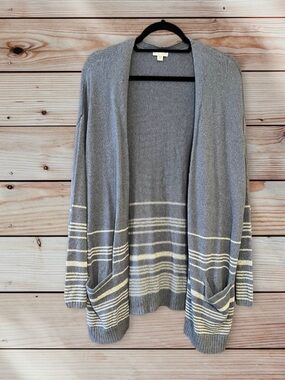 J. Jill Women's Striped Open Front Cardigan Sweater Blue Gray/White Size XL